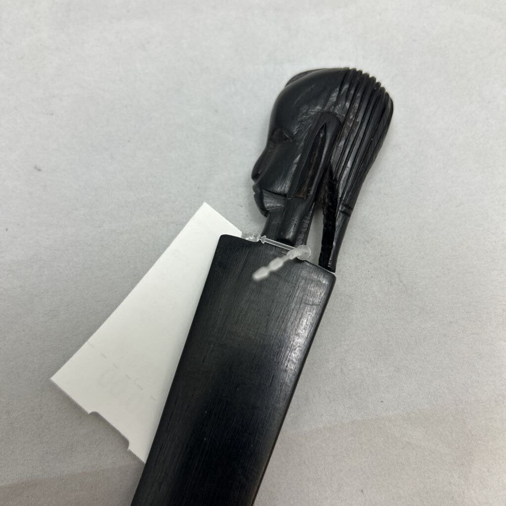 Vtg African letter opener featuring a dark wood handle hand-carved into a tribal head design.