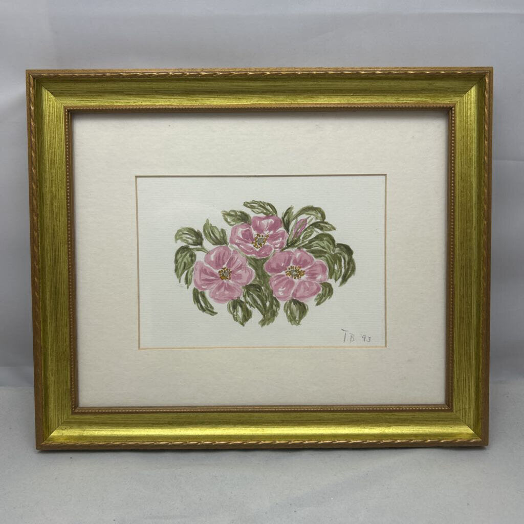 Original Watercolor painting, Pink Flowers, Gold frame.