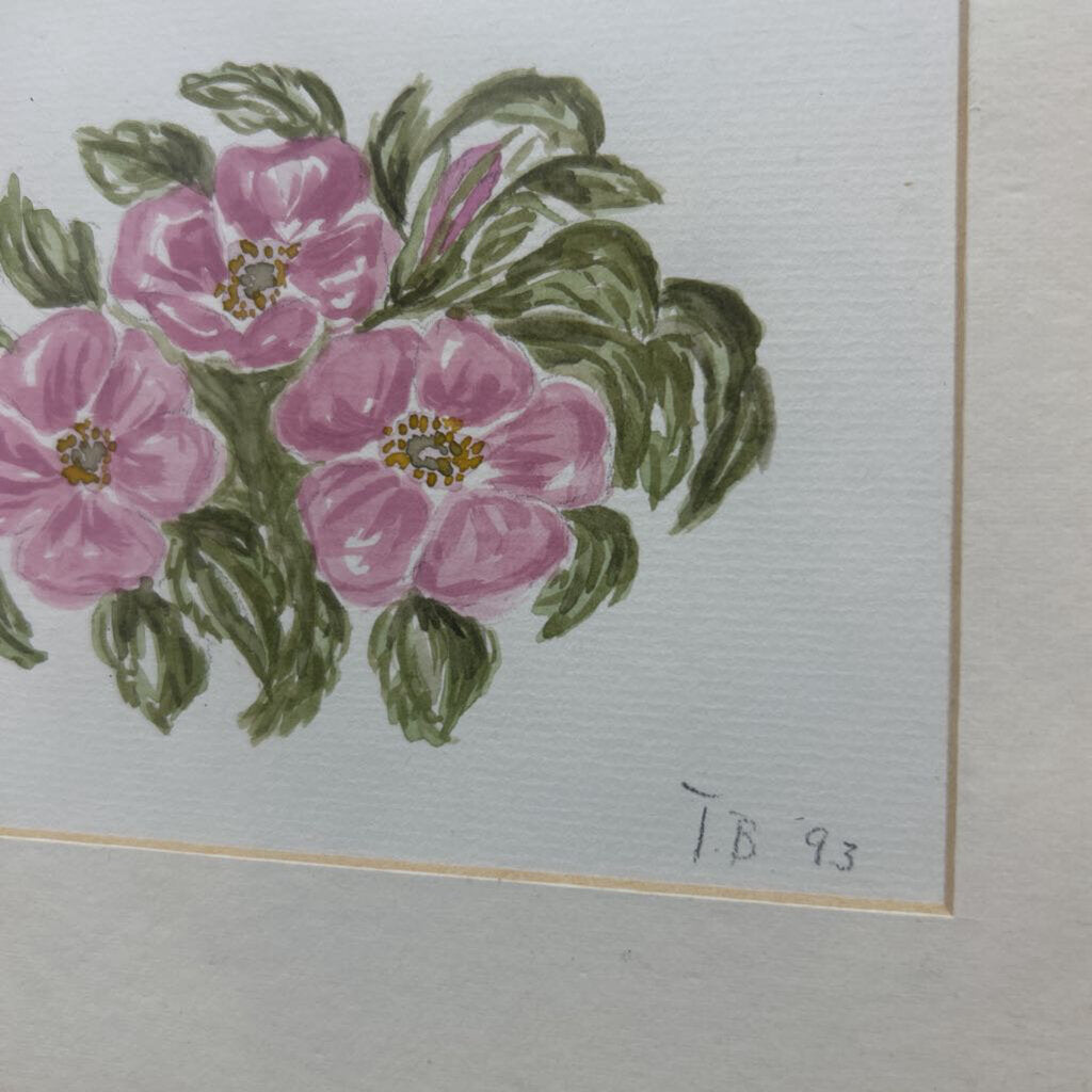 Original Watercolor painting, Pink Flowers, Gold frame.