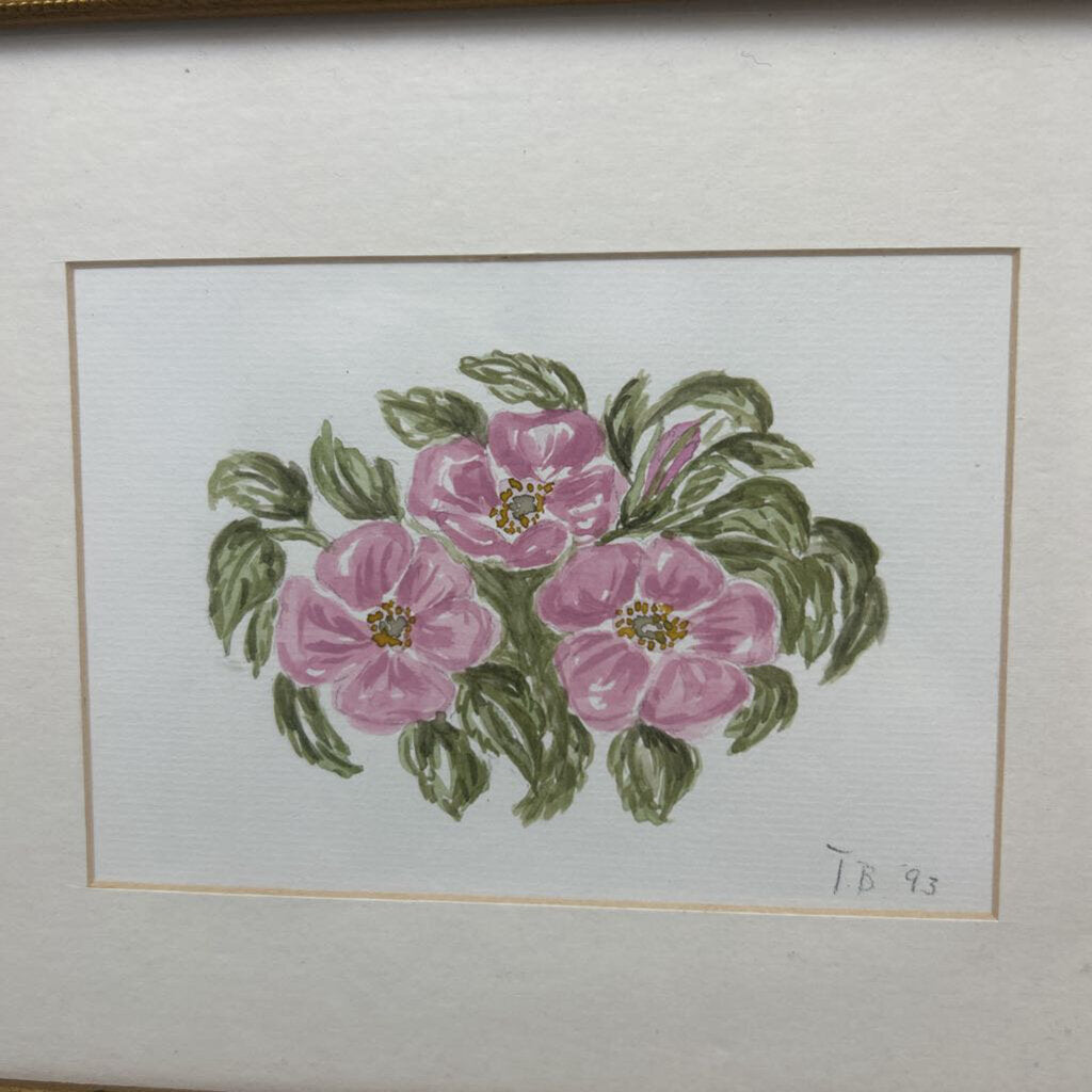 Original Watercolor painting, Pink Flowers, Gold frame.