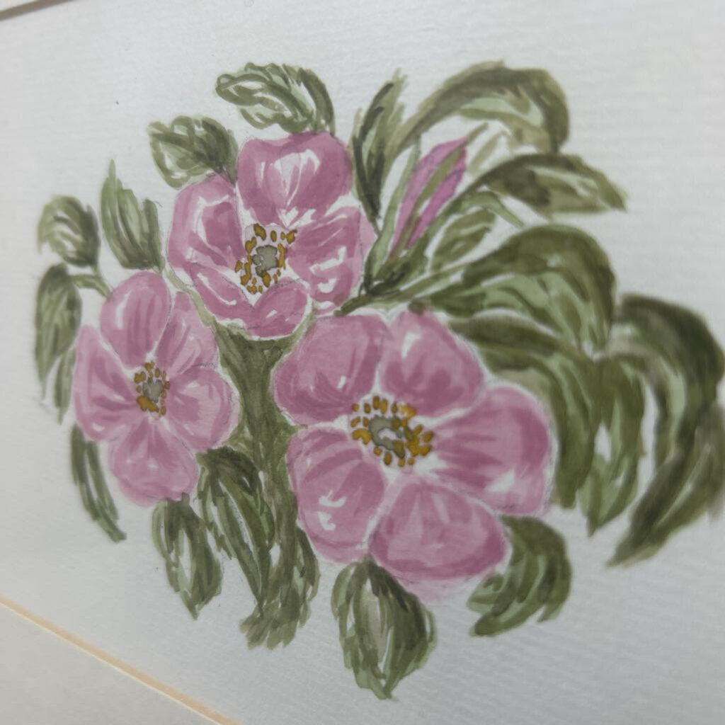Original Watercolor painting, Pink Flowers, Gold frame.