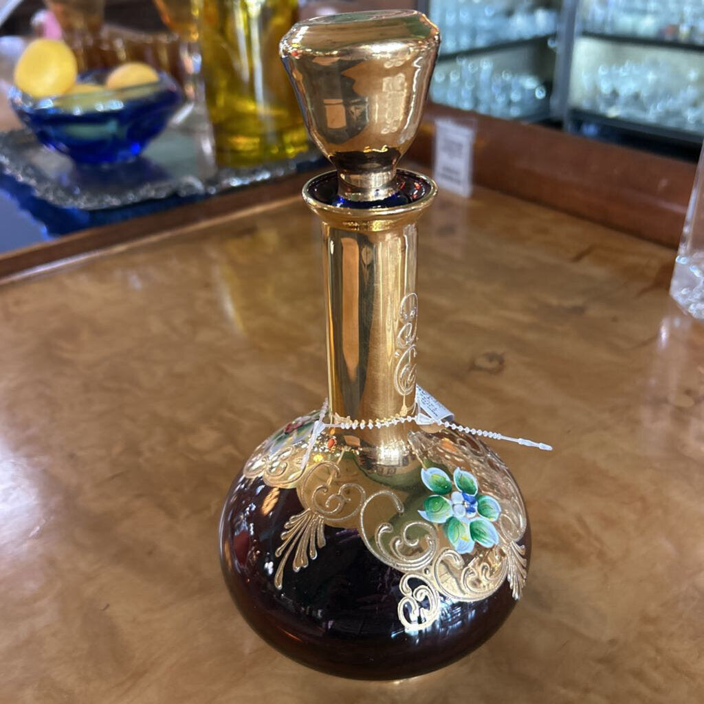Vintage Italian Gold Gilt with Purple glass Decanter, Hand painted flowers.