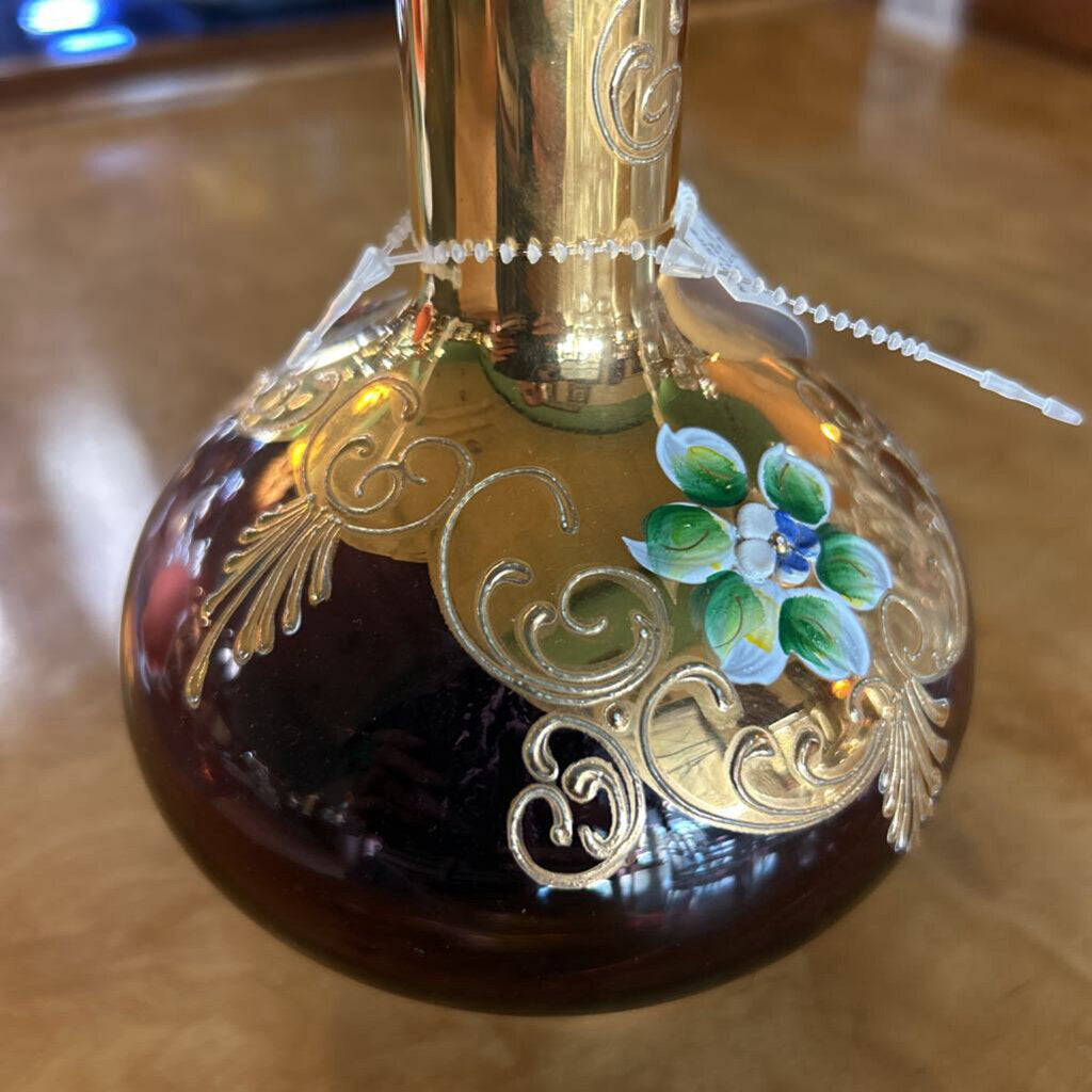 Vintage Italian Gold Gilt with Purple glass Decanter, Hand painted flowers.