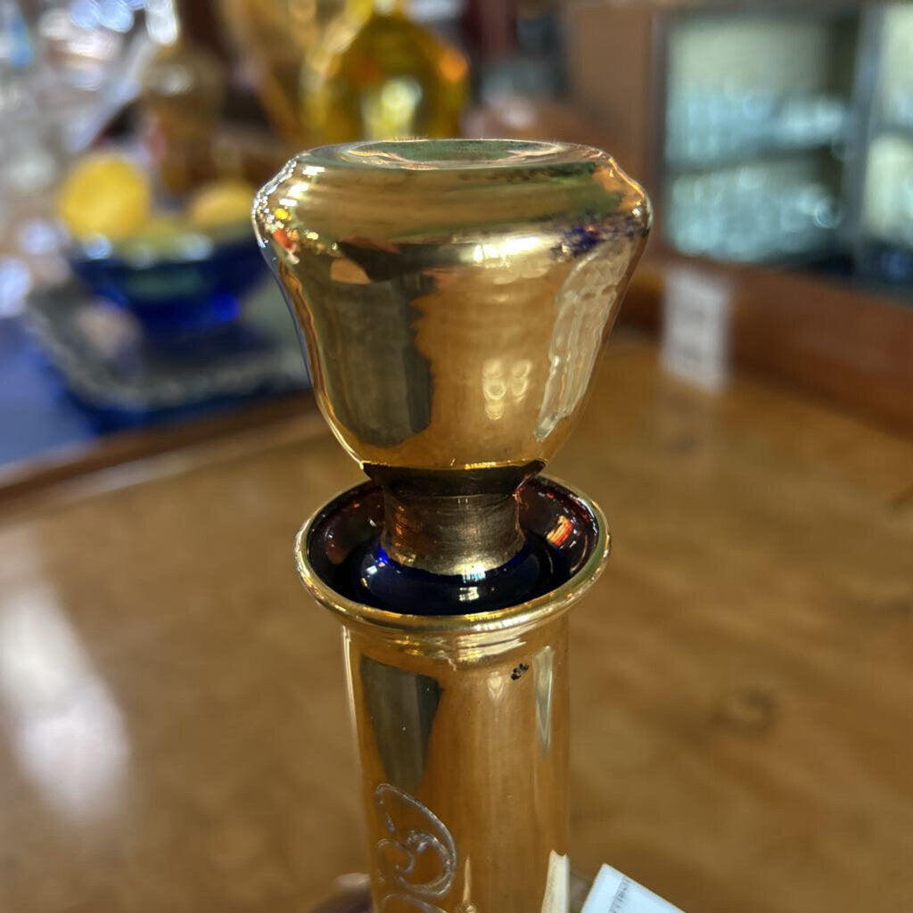Vintage Italian Gold Gilt with Purple glass Decanter, Hand painted flowers.