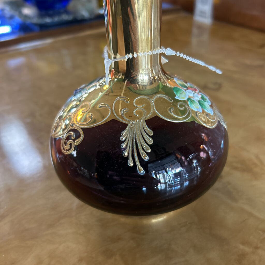 Vintage Italian Gold Gilt with Purple glass Decanter, Hand painted flowers.