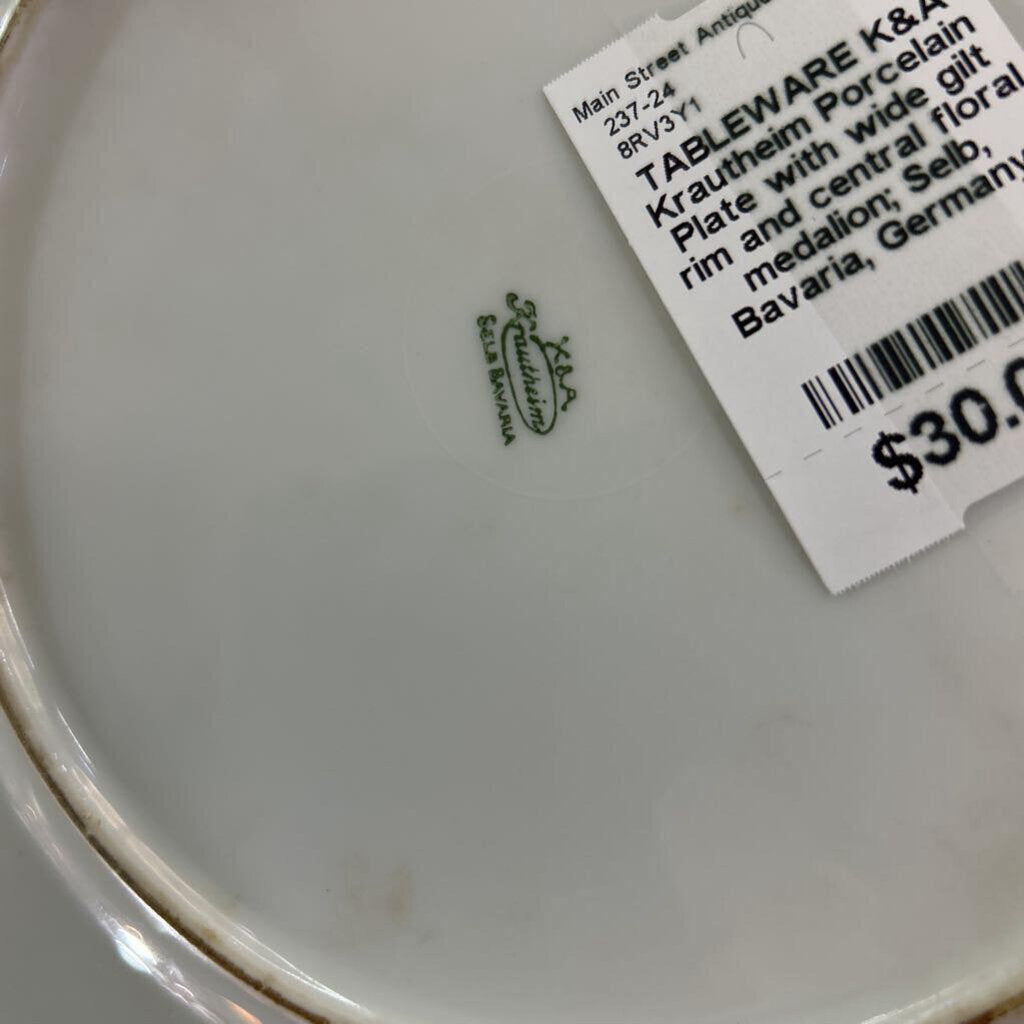 K&A Krautheim Porcelain Plate with wide gilt rim and central floral medalion; Selb, Bavaria, Germany