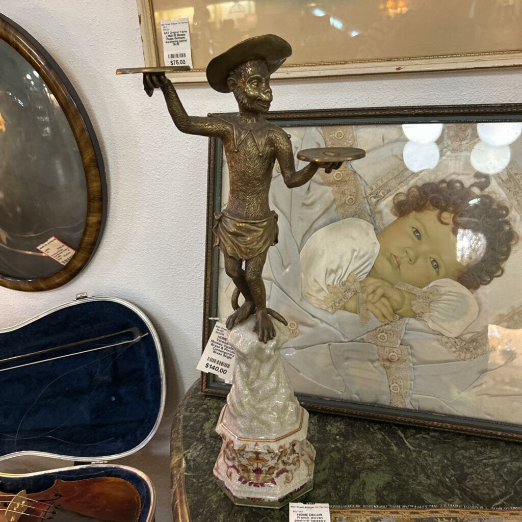 Venetian Style Monkey Candelabra; Brass & Porcelain; Contemporary