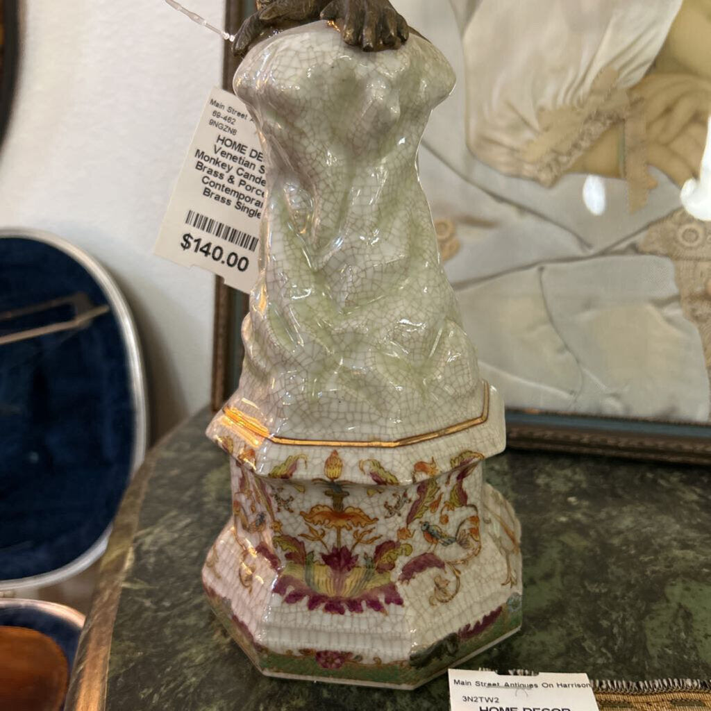 Venetian Style Monkey Candelabra; Brass & Porcelain; Contemporary