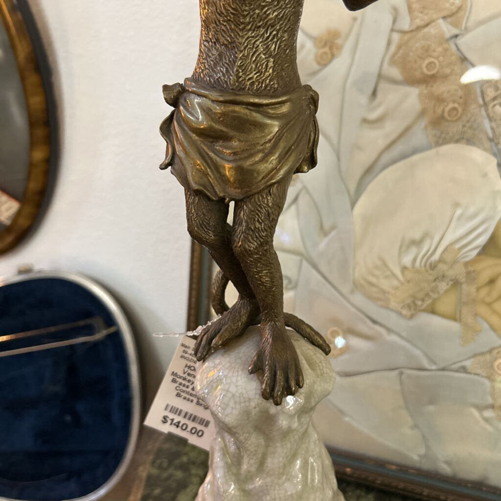 Venetian Style Monkey Candelabra; Brass & Porcelain; Contemporary