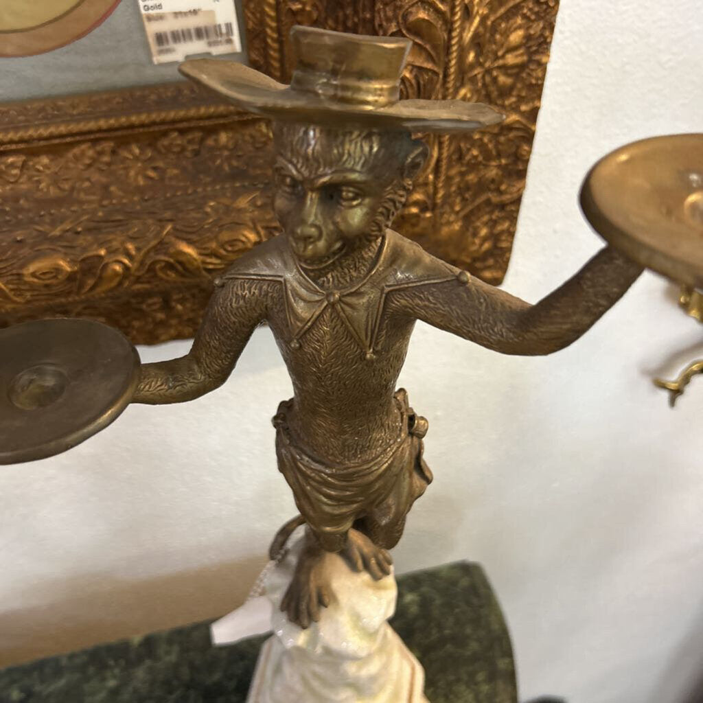 Venetian Style Monkey Candelabra; Brass & Porcelain; Contemporary