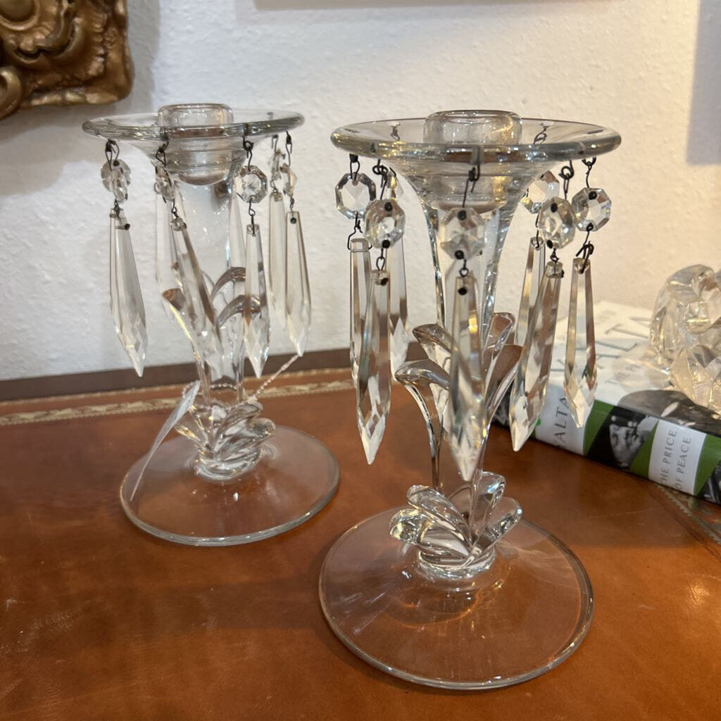 Heisey Glass Candle Holders in the Queen Anne Pattern w/ Prisms; circa 1929-57