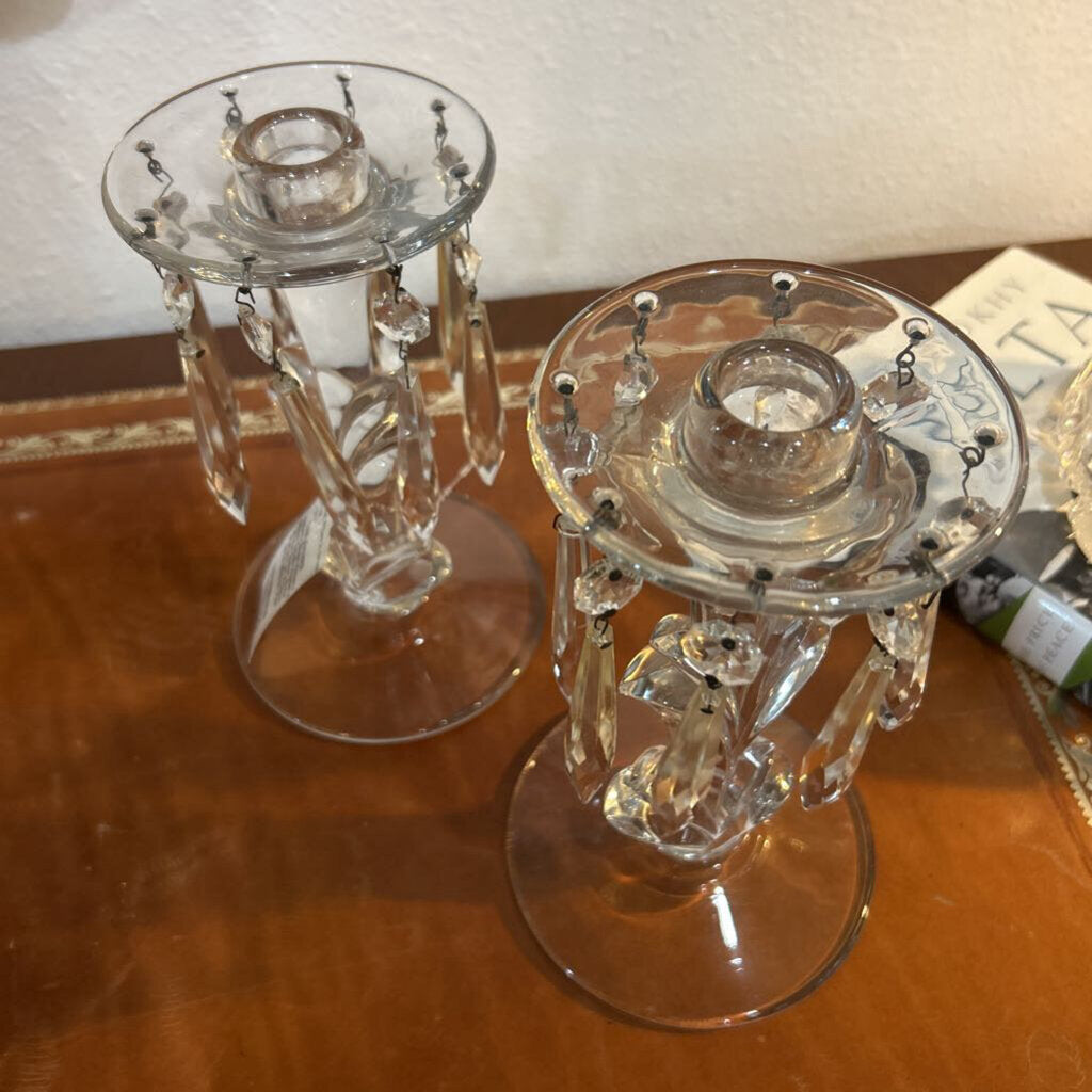 Heisey Glass Candle Holders in the Queen Anne Pattern w/ Prisms; circa 1929-57