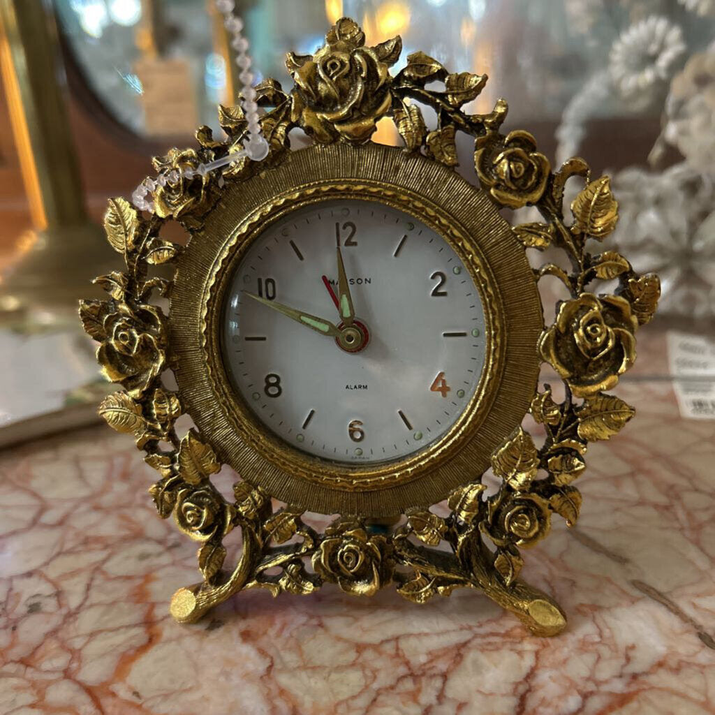 Vintge Matson Mechanical Alarm Clock 24k Gold Ormolu Filigree Roses Signed K670- 1950s-70s