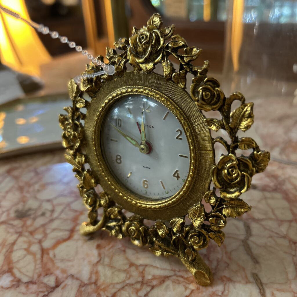 Vintge Matson Mechanical Alarm Clock 24k Gold Ormolu Filigree Roses Signed K670- 1950s-70s