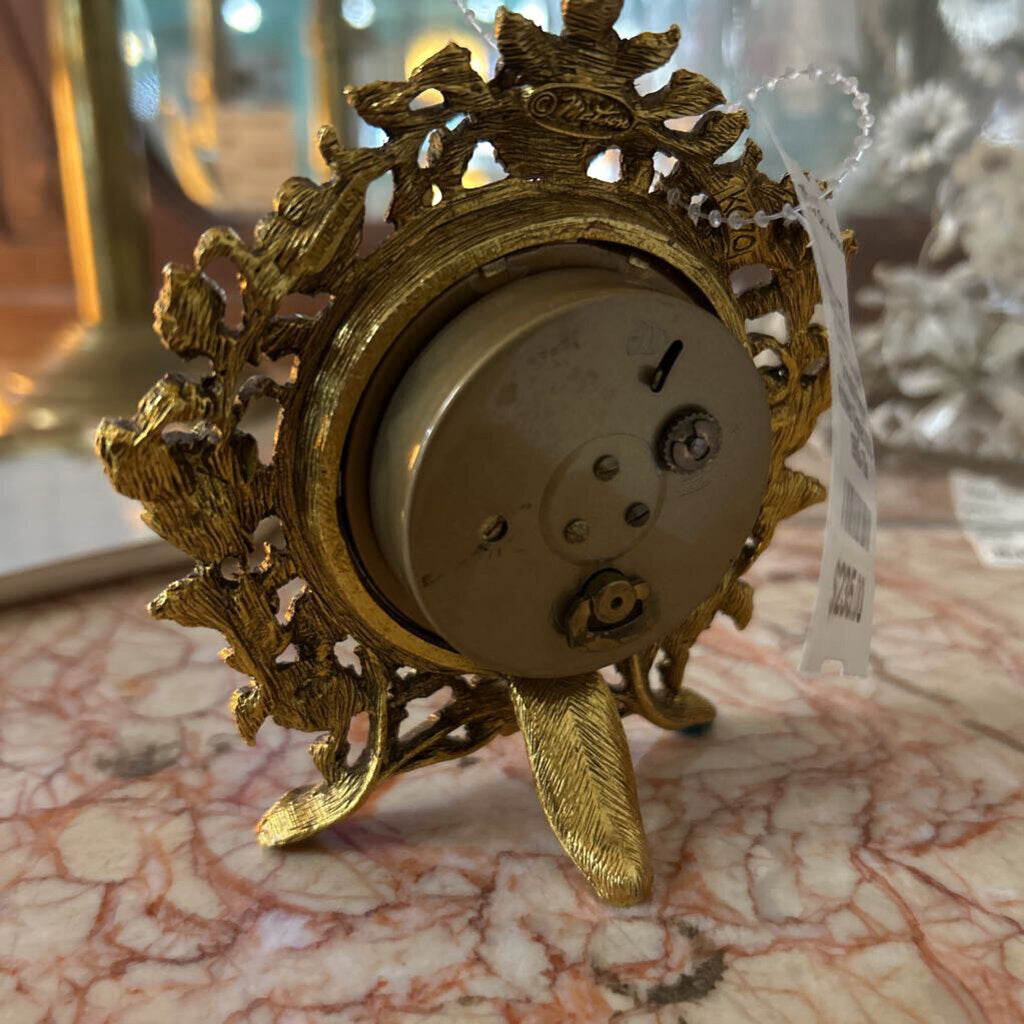 Vintge Matson Mechanical Alarm Clock 24k Gold Ormolu Filigree Roses Signed K670- 1950s-70s