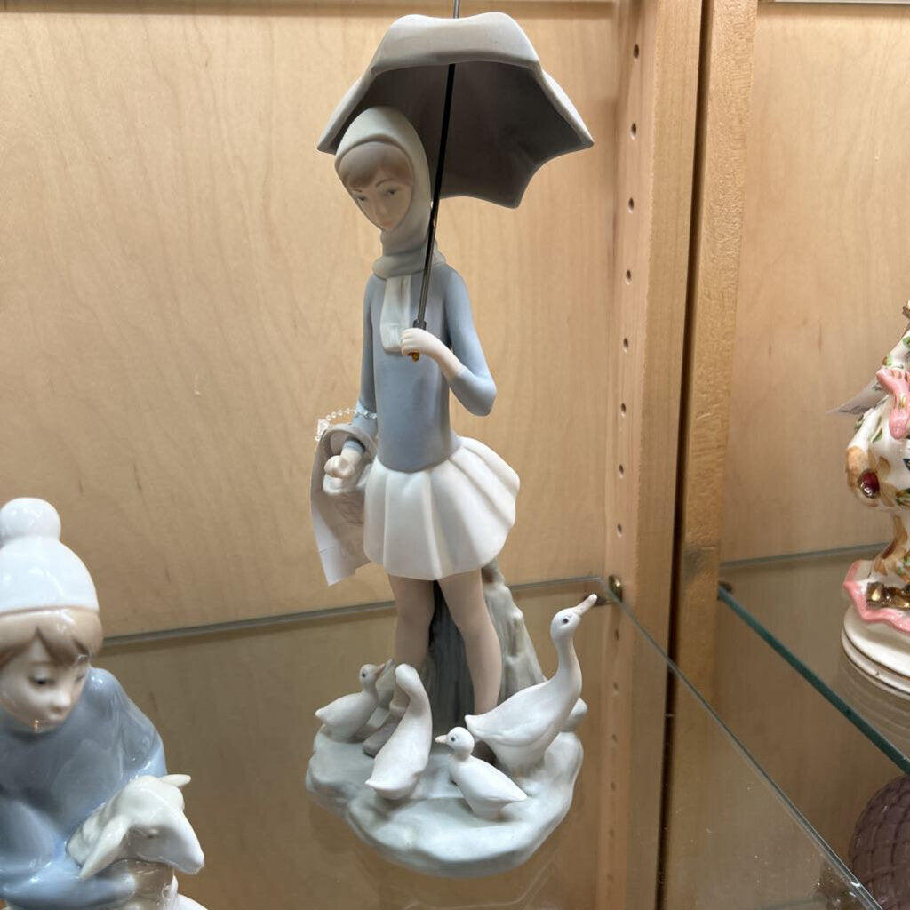 Lladro Figurine #4510 Girl with Umbrella and Geese.