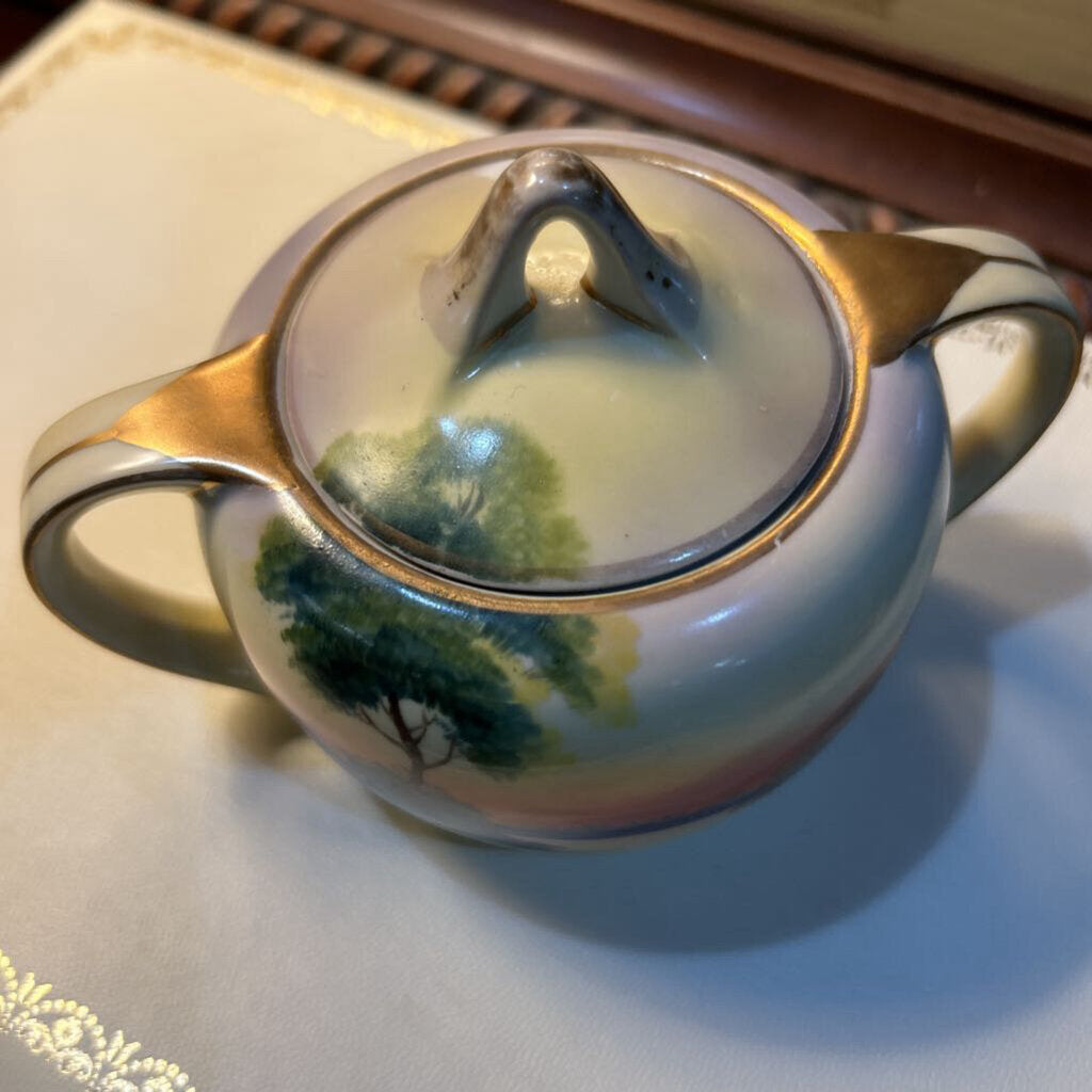 Nippon Covered Sugal Bowl Sunset Lake House Tree Landscape