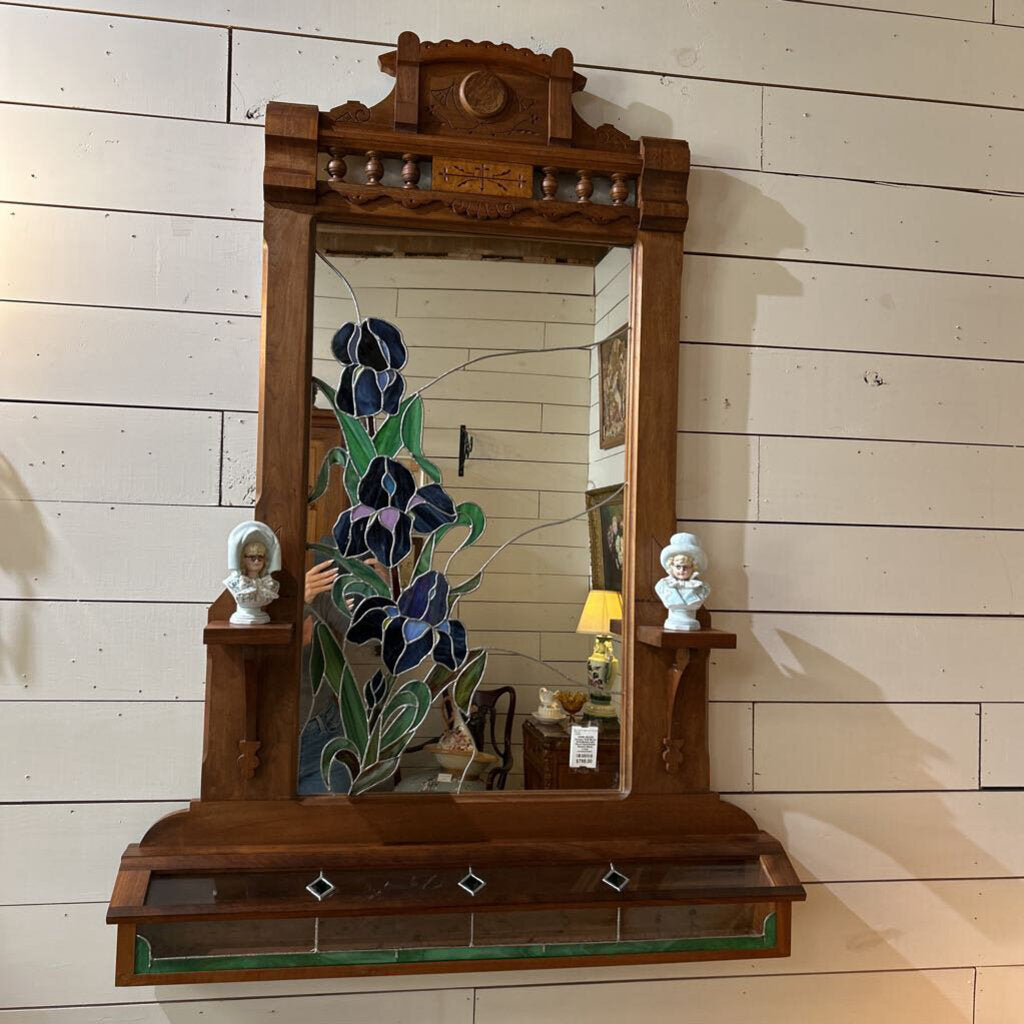 Antique Wall Mirror, Embellished with Floral Hand-leaded Stained Glass, Lower compartment.
