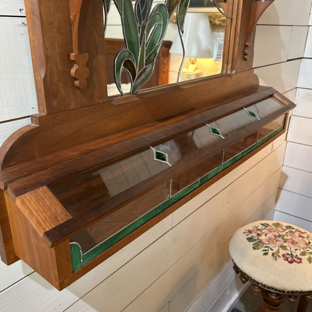 Antique Wall Mirror, Embellished with Floral Hand-leaded Stained Glass, Lower compartment.