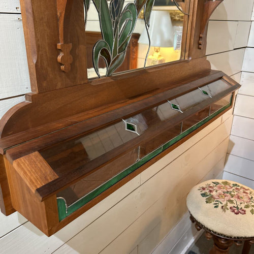 Antique Wall Mirror, Embellished with Floral Hand-leaded Stained Glass, Lower compartment.
