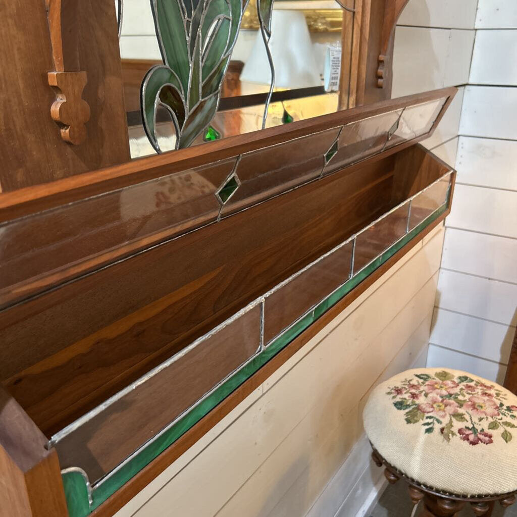 Antique Wall Mirror, Embellished with Floral Hand-leaded Stained Glass, Lower compartment.