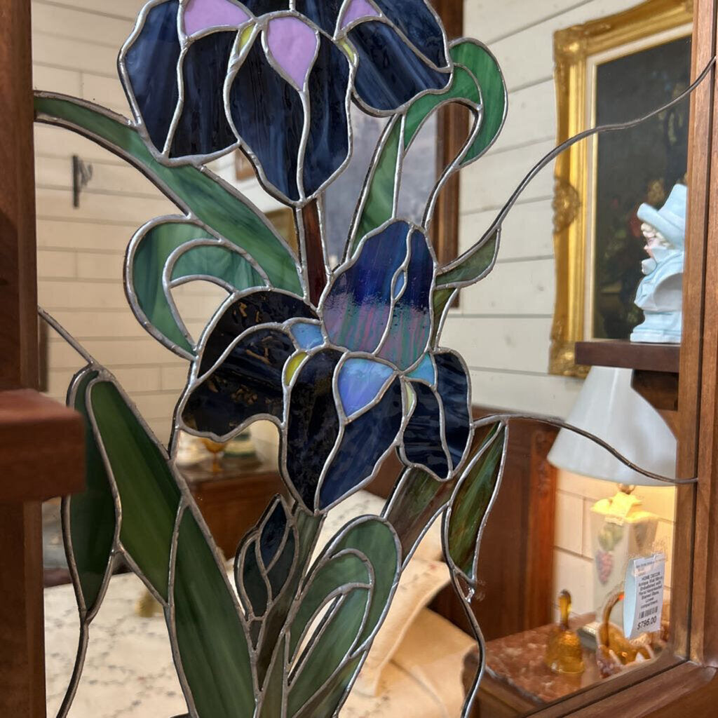 Antique Wall Mirror, Embellished with Floral Hand-leaded Stained Glass, Lower compartment.