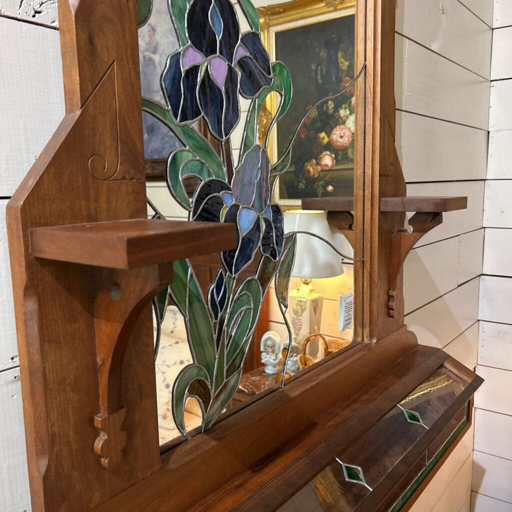 Antique Wall Mirror, Embellished with Floral Hand-leaded Stained Glass, Lower compartment.