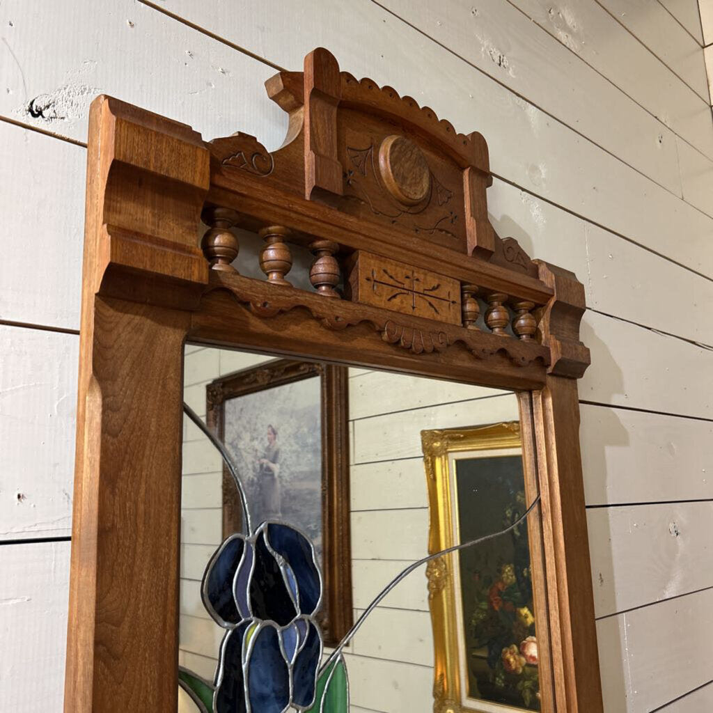 Antique Wall Mirror, Embellished with Floral Hand-leaded Stained Glass, Lower compartment.