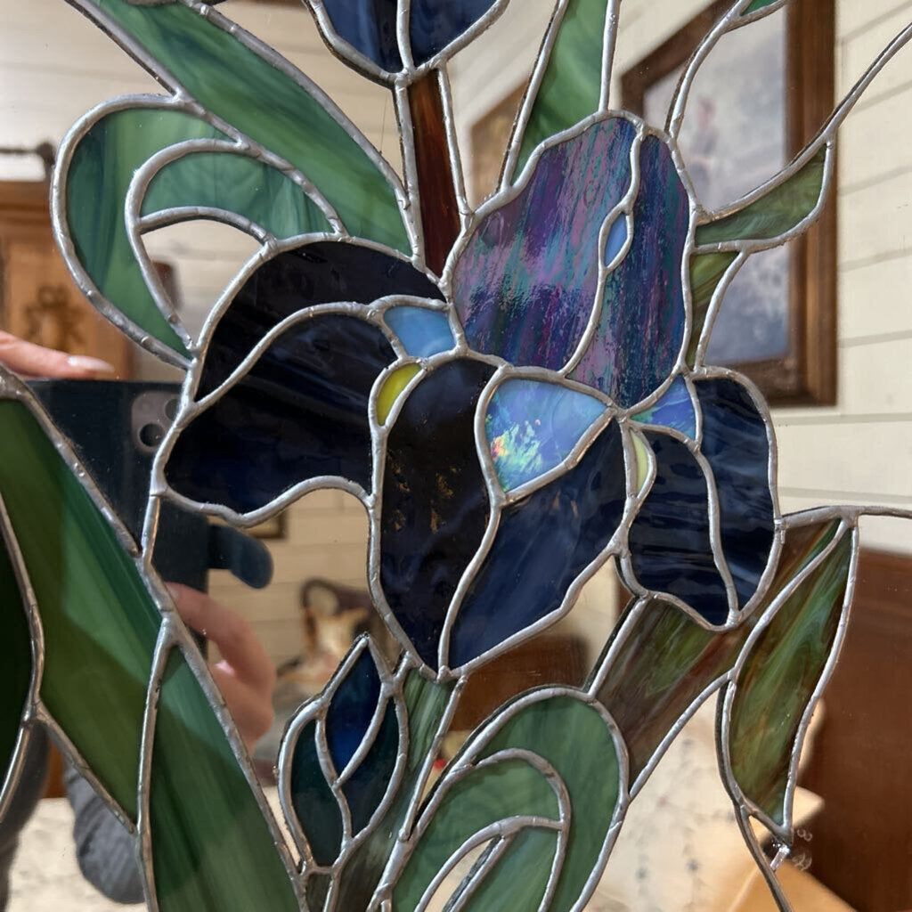 Antique Wall Mirror, Embellished with Floral Hand-leaded Stained Glass, Lower compartment.