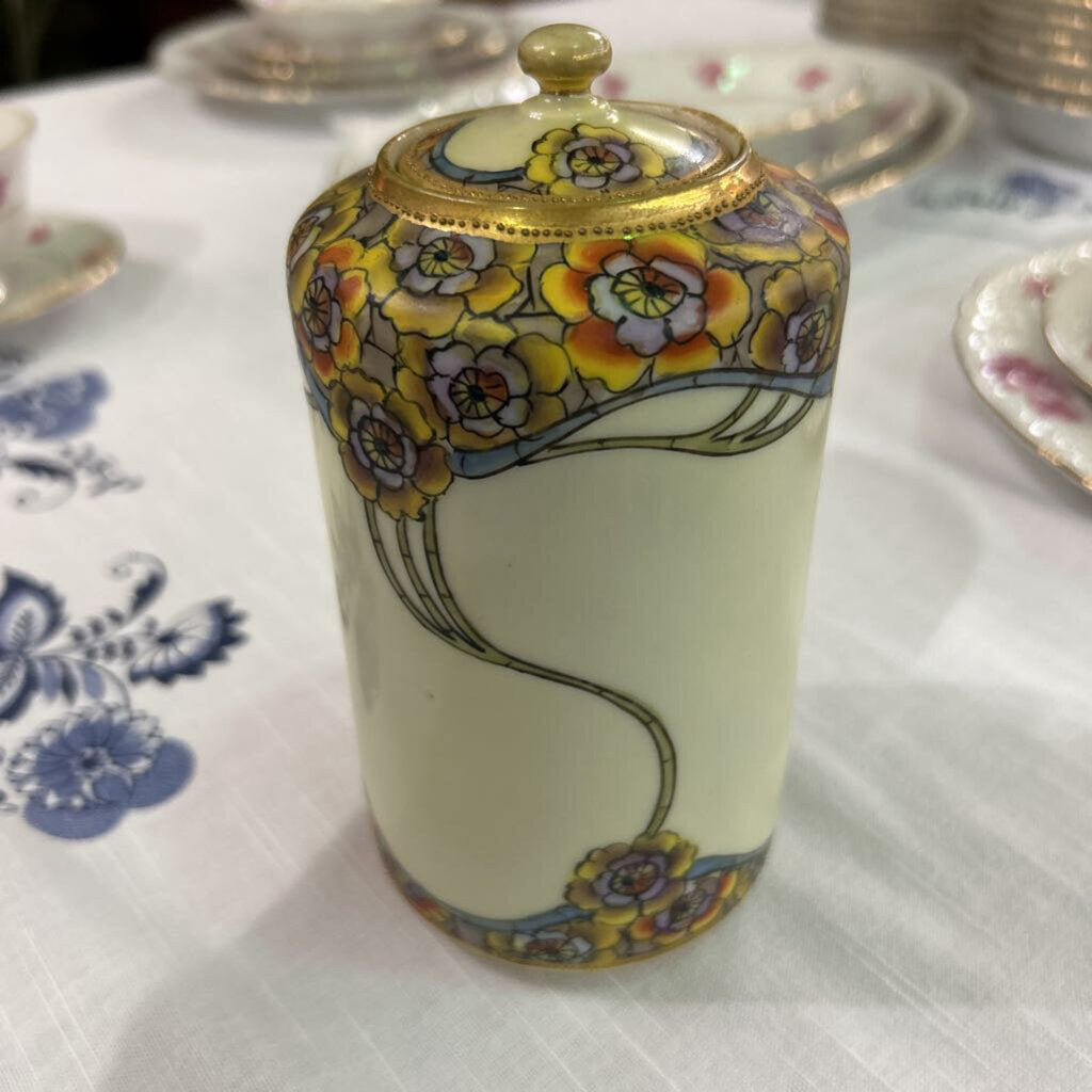 Nippon Hand Painted Covered Dresser Jar Nouvea Floral Gold Trim