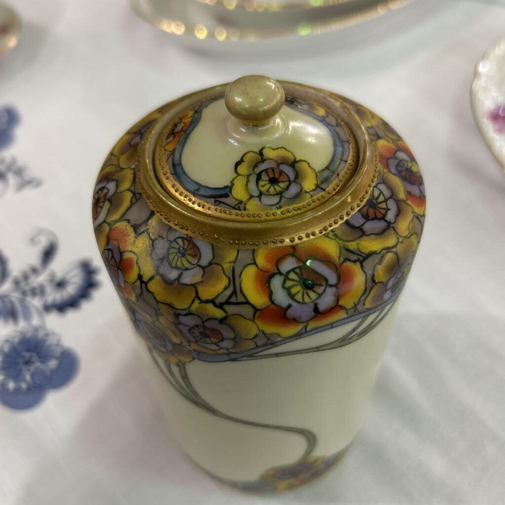 Nippon Hand Painted Covered Dresser Jar Nouvea Floral Gold Trim