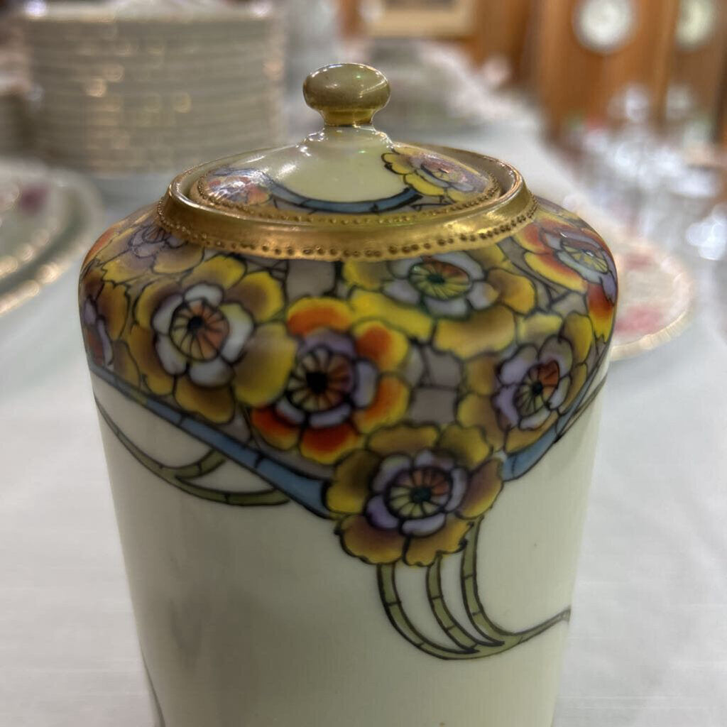 Nippon Hand Painted Covered Dresser Jar Nouvea Floral Gold Trim