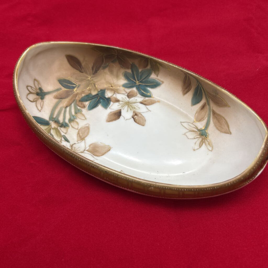 Nippon Oval Celery/Serving Dish, Hand-Painted Fine China, Floral Motif-Gold Rim.
