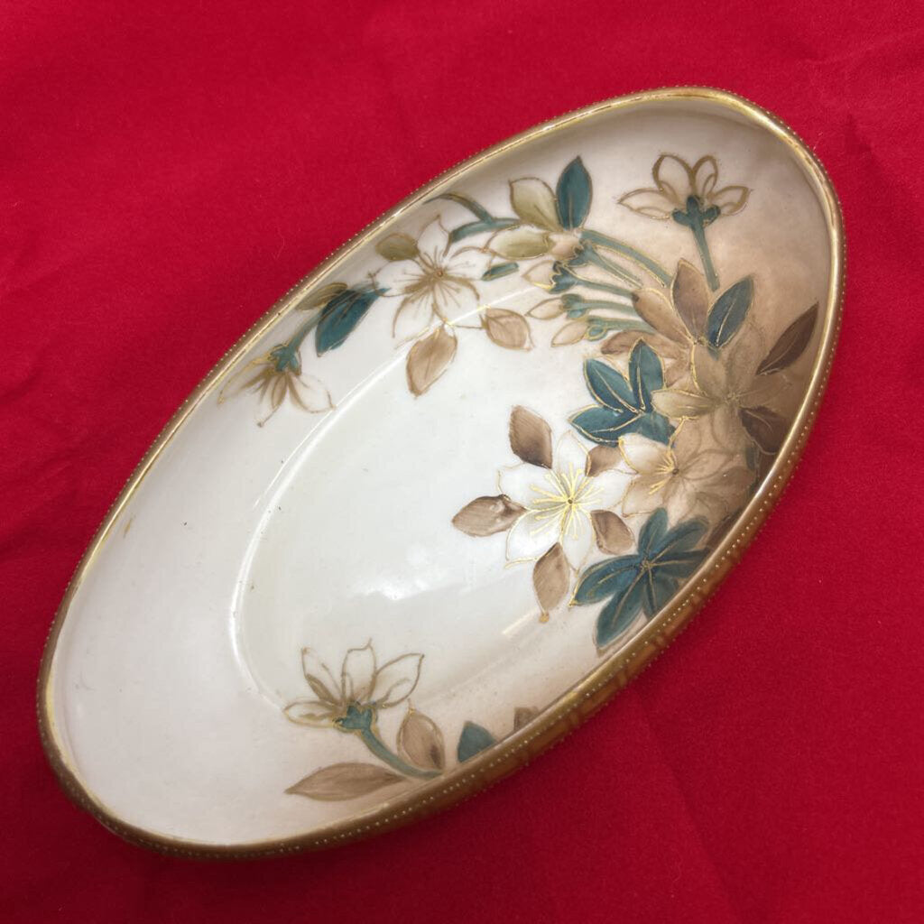 Nippon Oval Celery/Serving Dish, Hand-Painted Fine China, Floral Motif-Gold Rim.