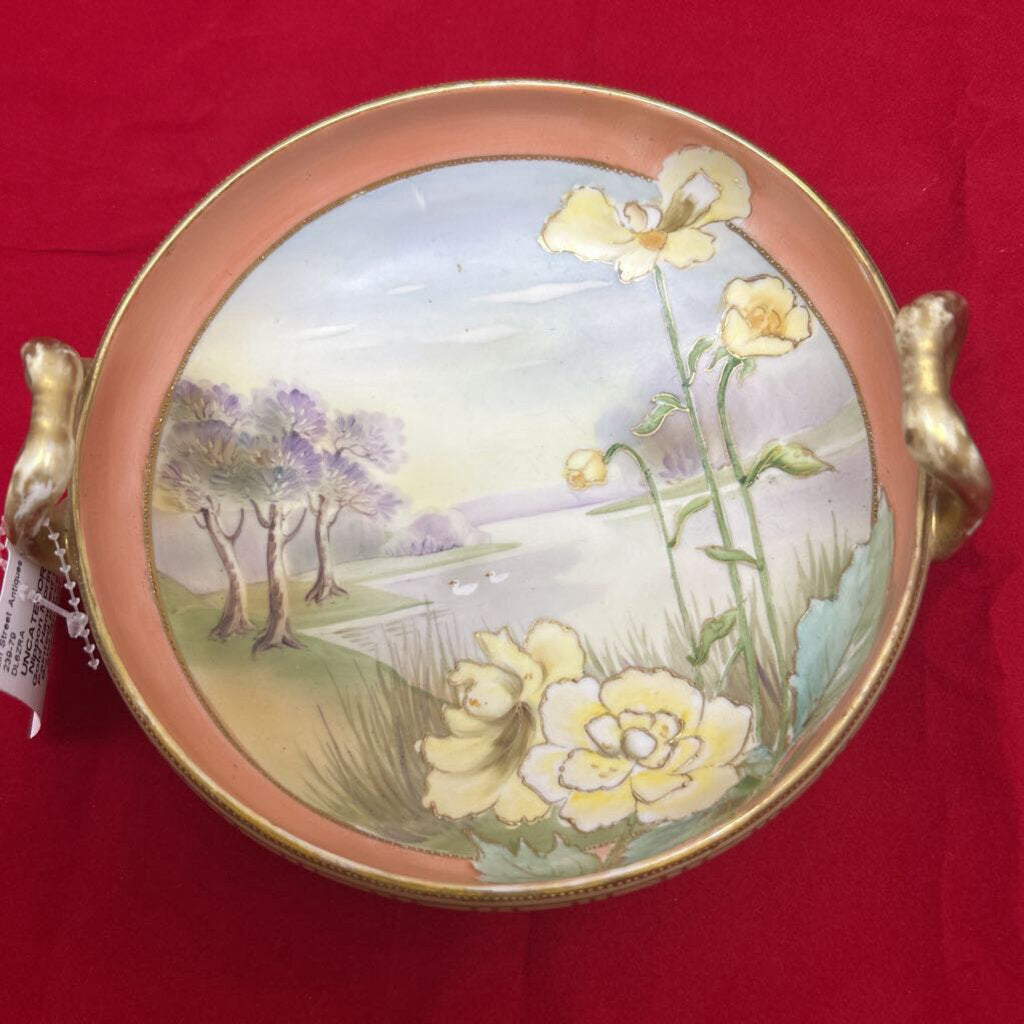 Nippon Morimura Gold Handled Hand Painted Porcelain Bowl Riverside Scene with Floral/Birds.