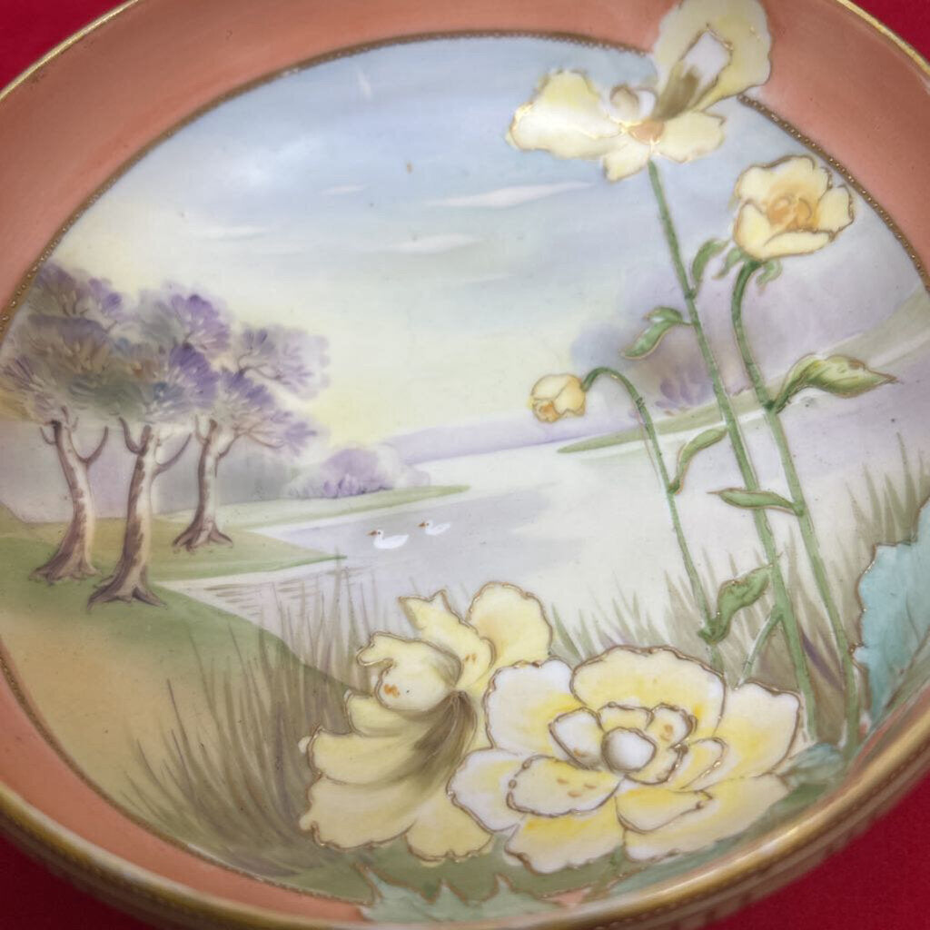 Nippon Morimura Gold Handled Hand Painted Porcelain Bowl Riverside Scene with Floral/Birds.