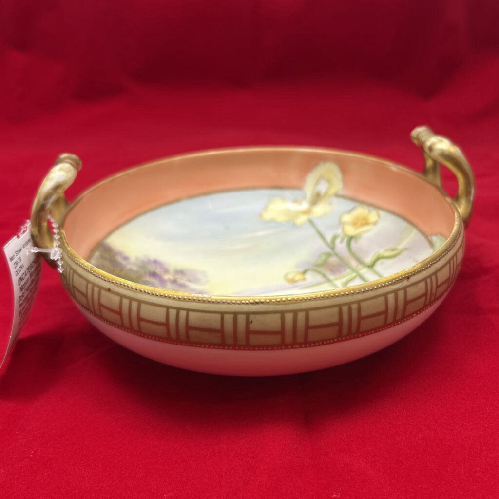 Nippon Morimura Gold Handled Hand Painted Porcelain Bowl Riverside Scene with Floral/Birds.