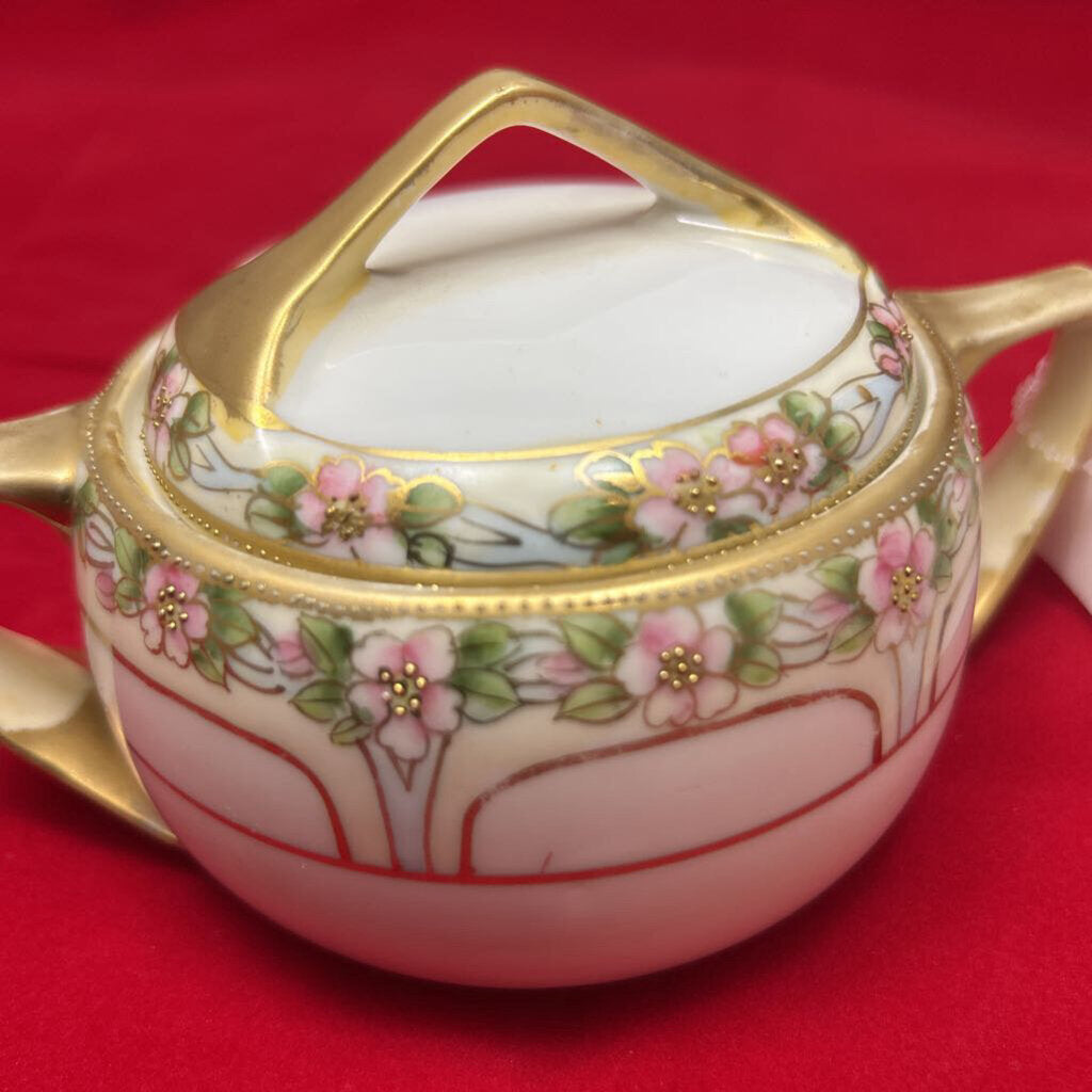 Antique Hand Painted Nippon Covered Sugar Bowl, Pink Floral with Gold Detail.