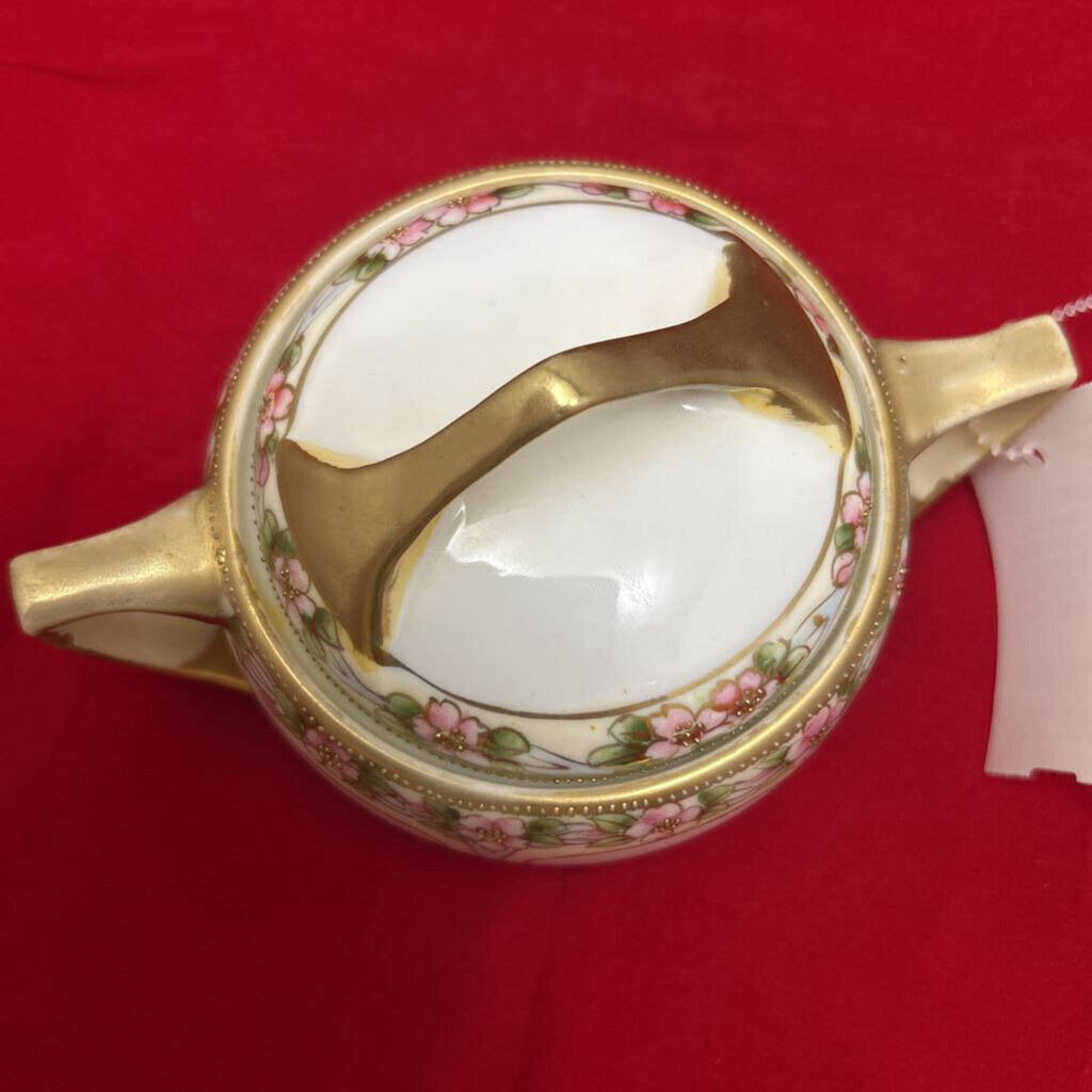 Antique Hand Painted Nippon Covered Sugar Bowl, Pink Floral with Gold Detail.