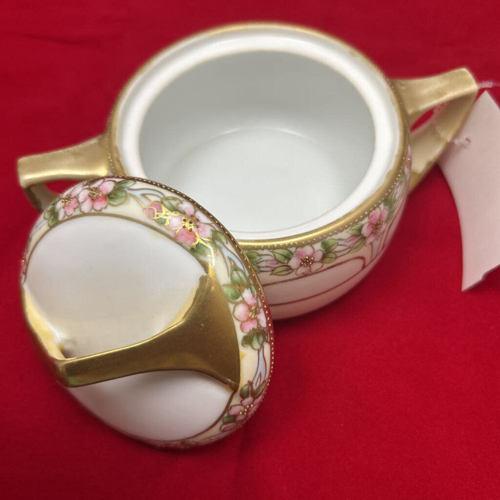 Antique Hand Painted Nippon Covered Sugar Bowl, Pink Floral with Gold Detail.