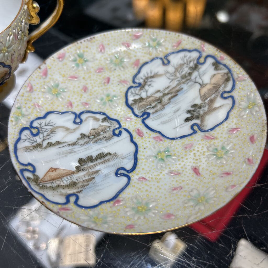 Japanese Pedestal Teacup & Saucer Moriage Landscape with Beading