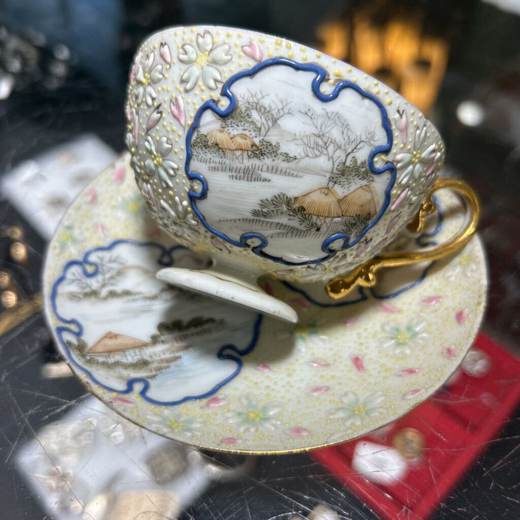 Japanese Pedestal Teacup & Saucer Moriage Landscape with Beading