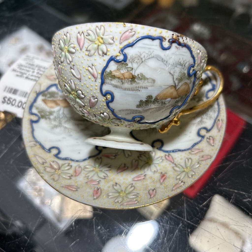 Japanese Pedestal Teacup & Saucer Moriage Landscape with Beading