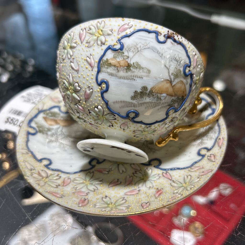 Japanese Pedestal Teacup & Saucer Moriage Landscape with Beading