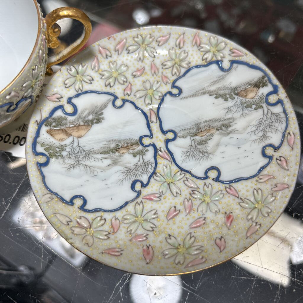 Japanese Pedestal Teacup & Saucer Moriage Landscape with Beading