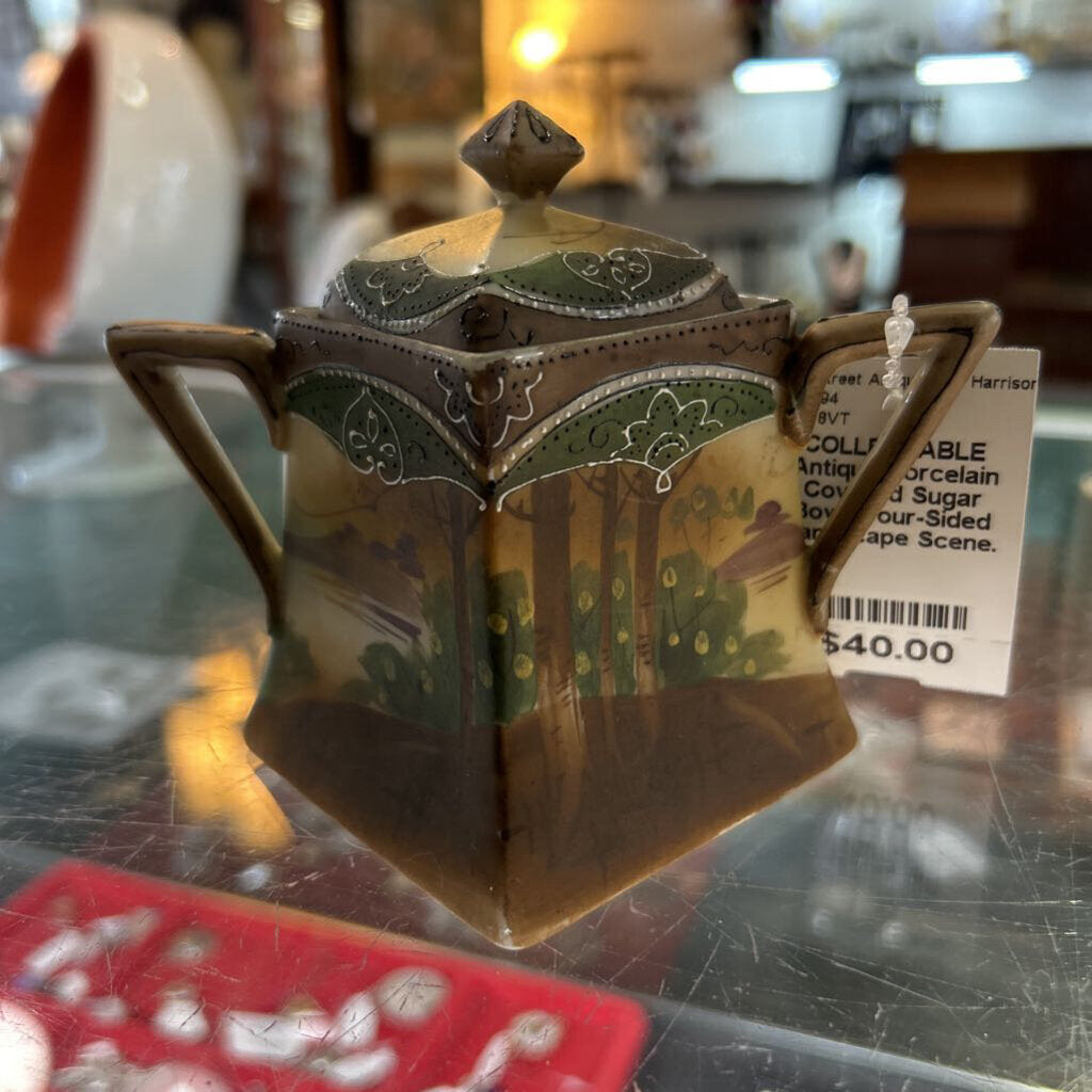 Antique Porcelain Covered Sugar Bowl, Four-Sided Landscape Scene.