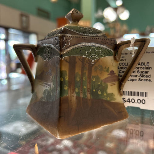Antique Porcelain Covered Sugar Bowl, Four-Sided Landscape Scene.