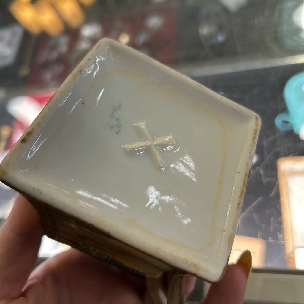 Antique Porcelain Covered Sugar Bowl, Four-Sided Landscape Scene.