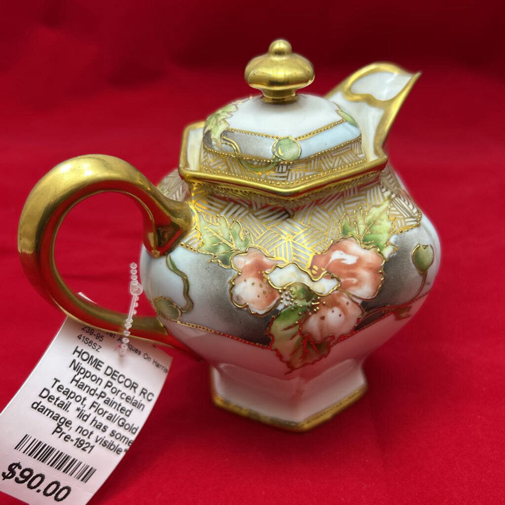 RC Nippon Porcelain Hand-Painted Teapot, Floral/Gold Detail. *lid has some damage, not visible* Pre-1921