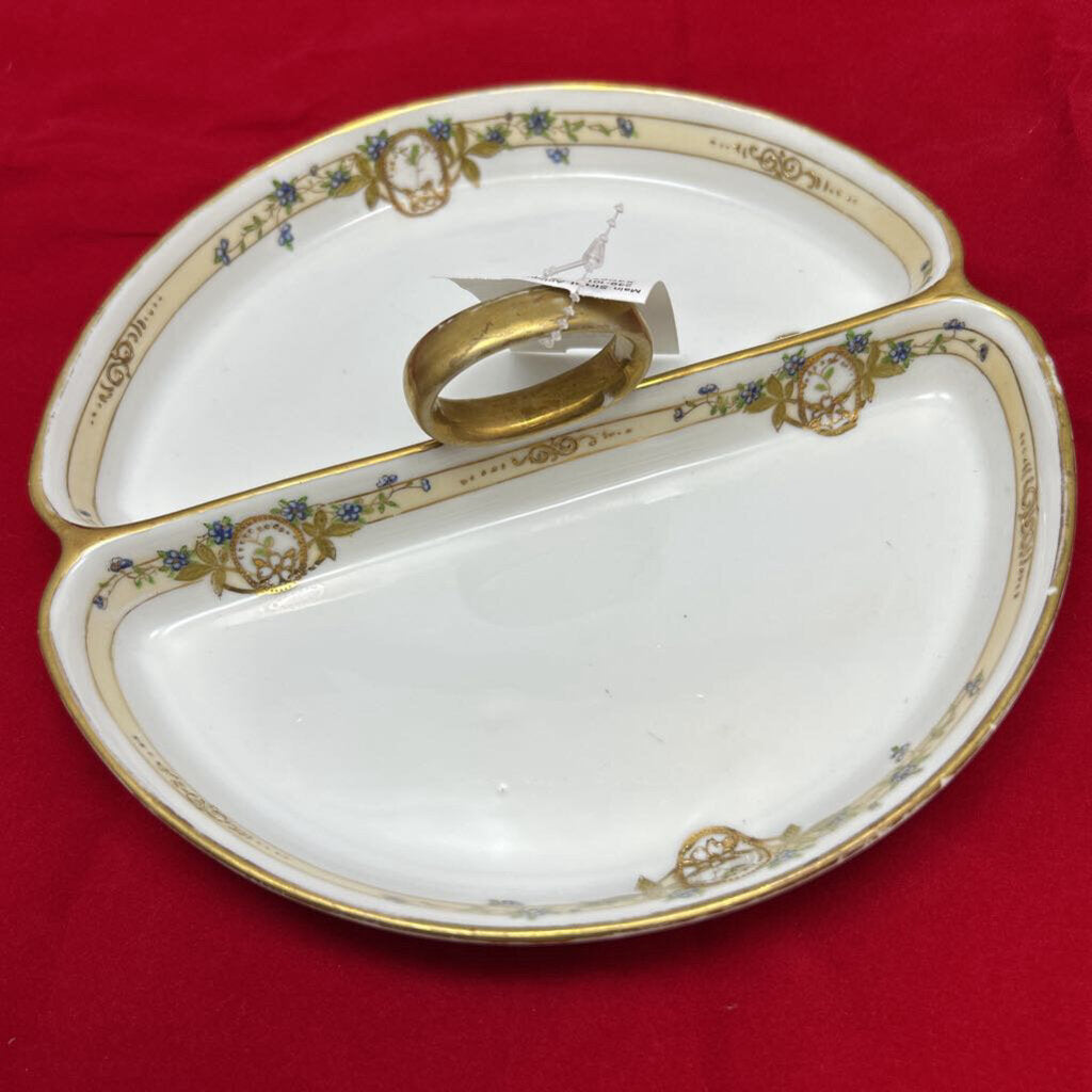 Antique Nippon Handpainted Divided Dish with Blue Floral Gold Detail, Handle in middle.